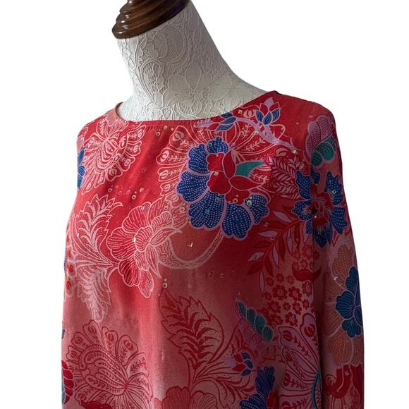 Bob Mackie Wearable Art sequin floral caftan top XS pink red blue dolman - Picture 4 of 13